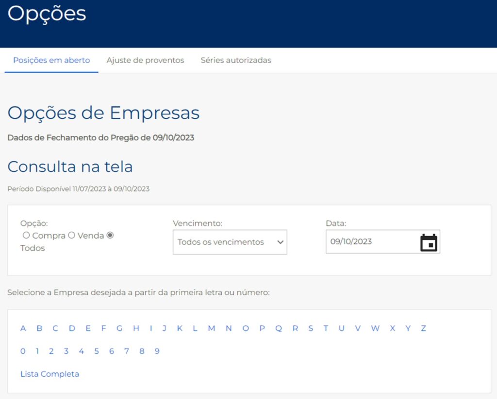 Dados de posições em aberto em opções